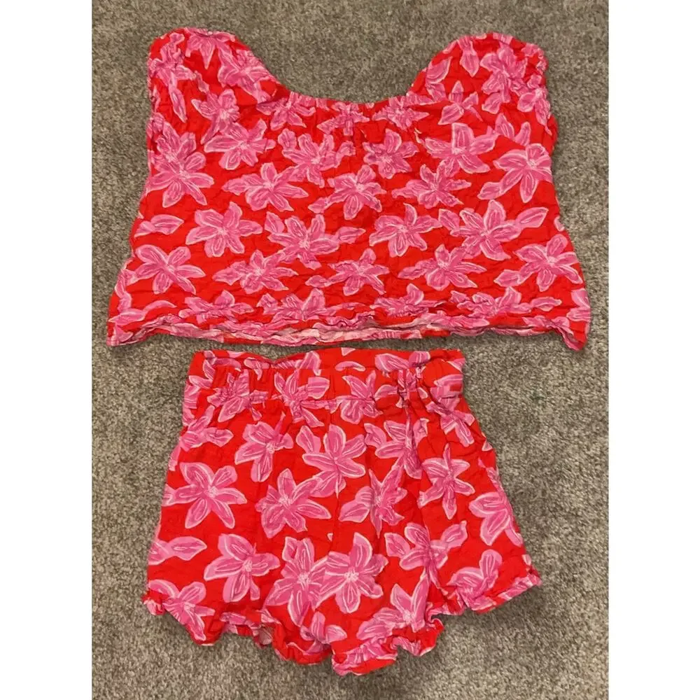 Tahari Girls 2 Piece Floral Short Set Pink Orange Cotton Summer Outfit, 8